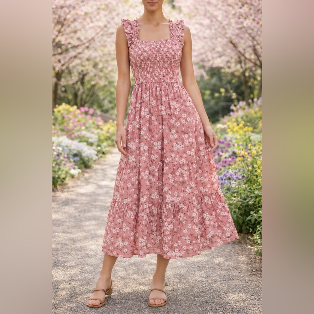 Blu Pepper Pink Floral Smocked Midi Dress S Ruffle Strap Tiered Cottagecore Boho